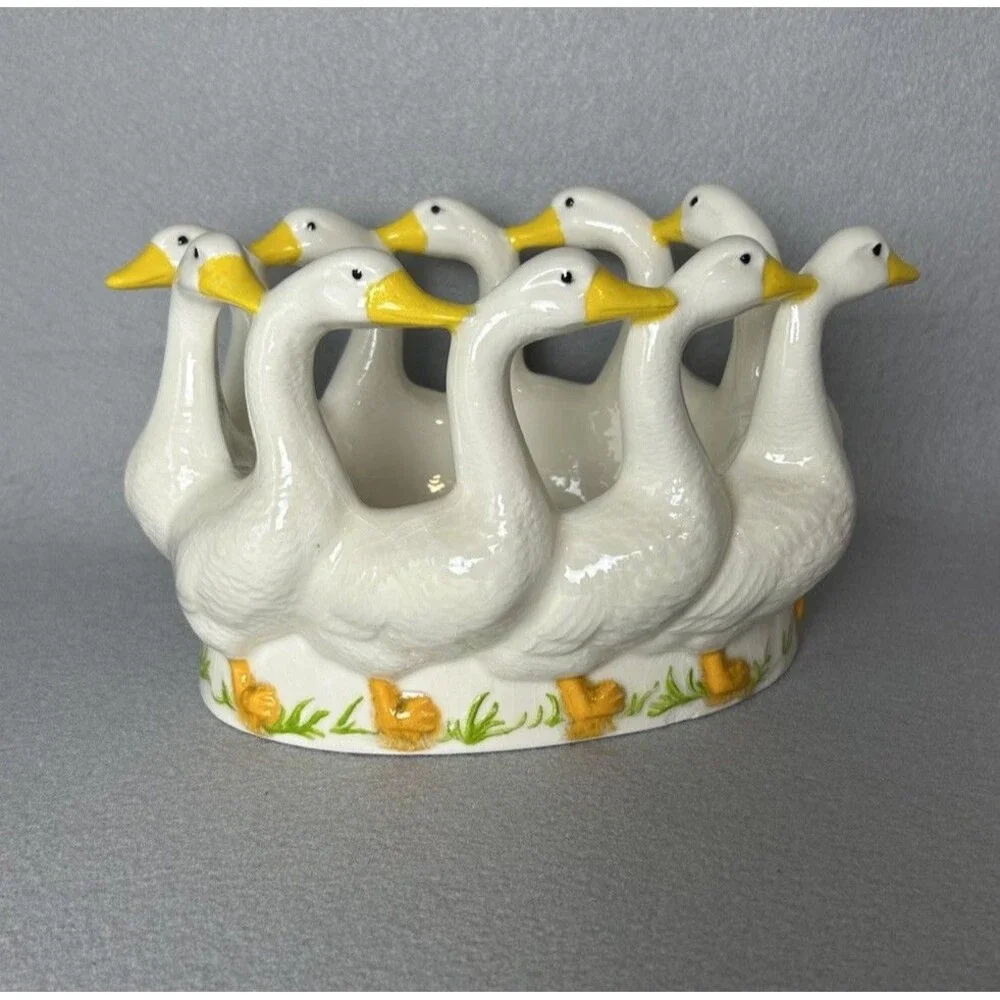 VTG Ceramic Holland Mold White Geese Ducks Goose Oval Dish Decor 80s Cottagecore - Picture 1 of 10